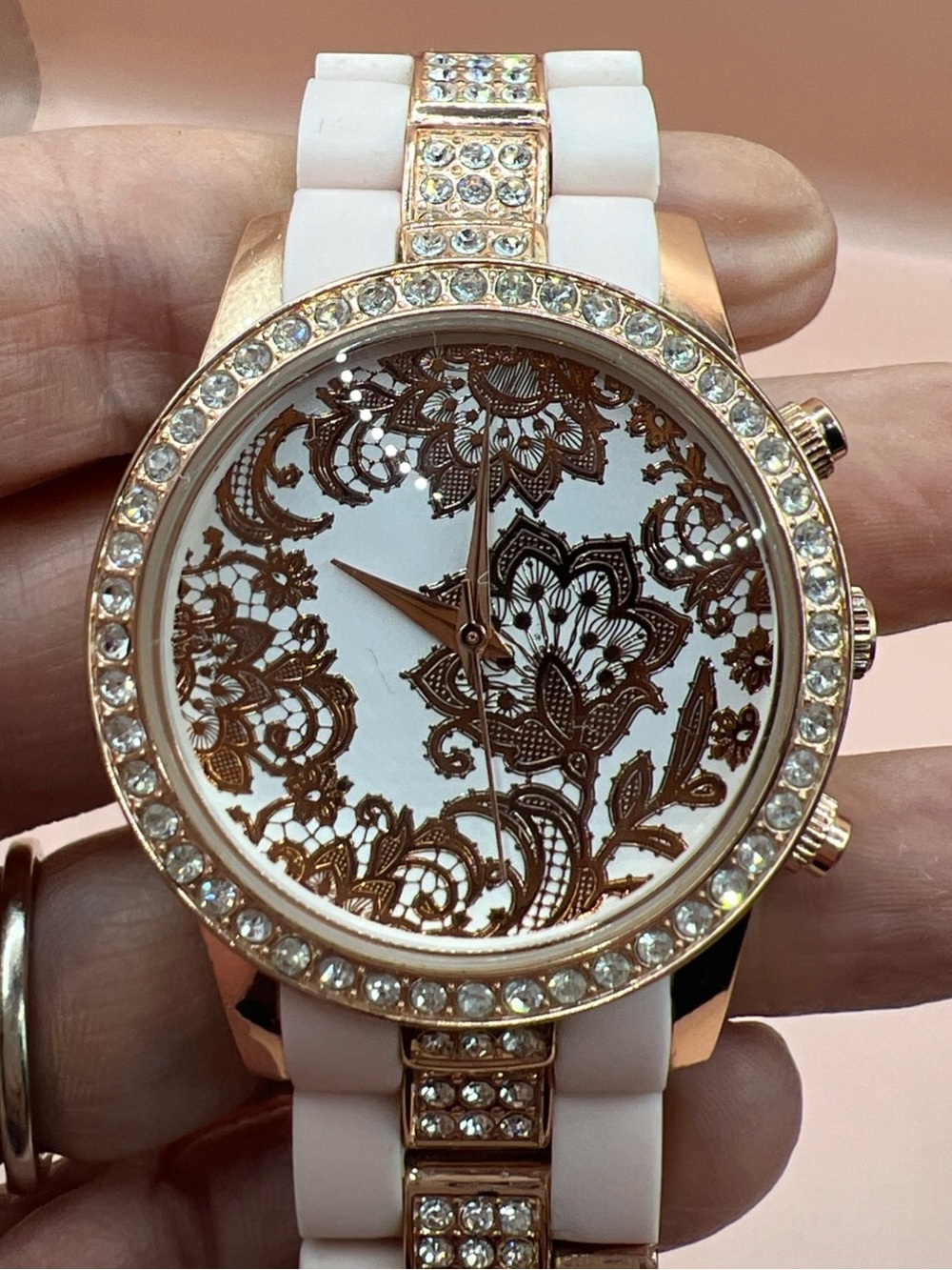 Light Pink/Rose Gold Floral Geneva Watch with Bling/Rhinestones